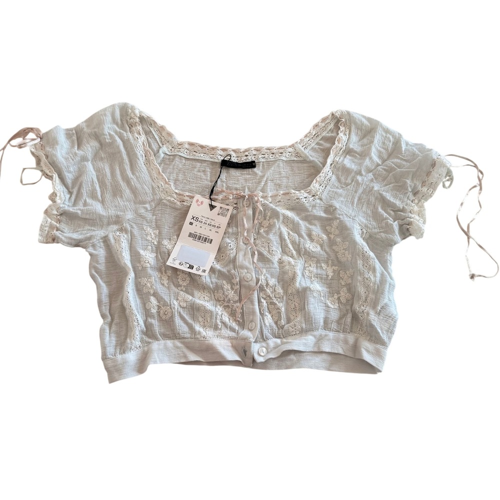 NWT Zara White Embroidered Lace Trim Crop Top Button Front XS Boho Y2K Cottage